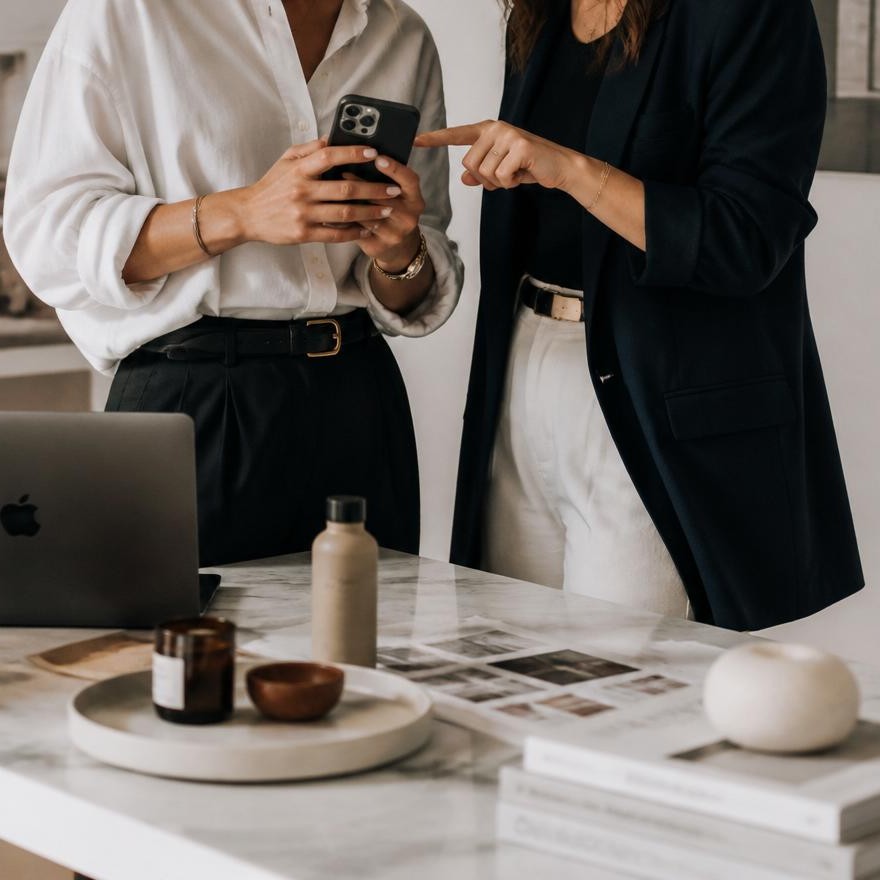 Two strategists collaborating on social media content in the Orive studio